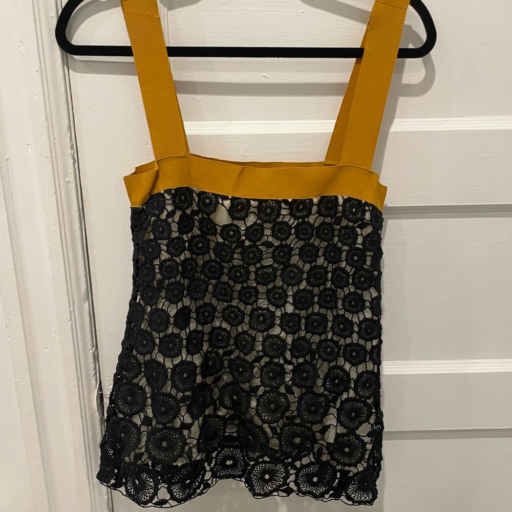 Black embroidered flower tank top with marigold straps